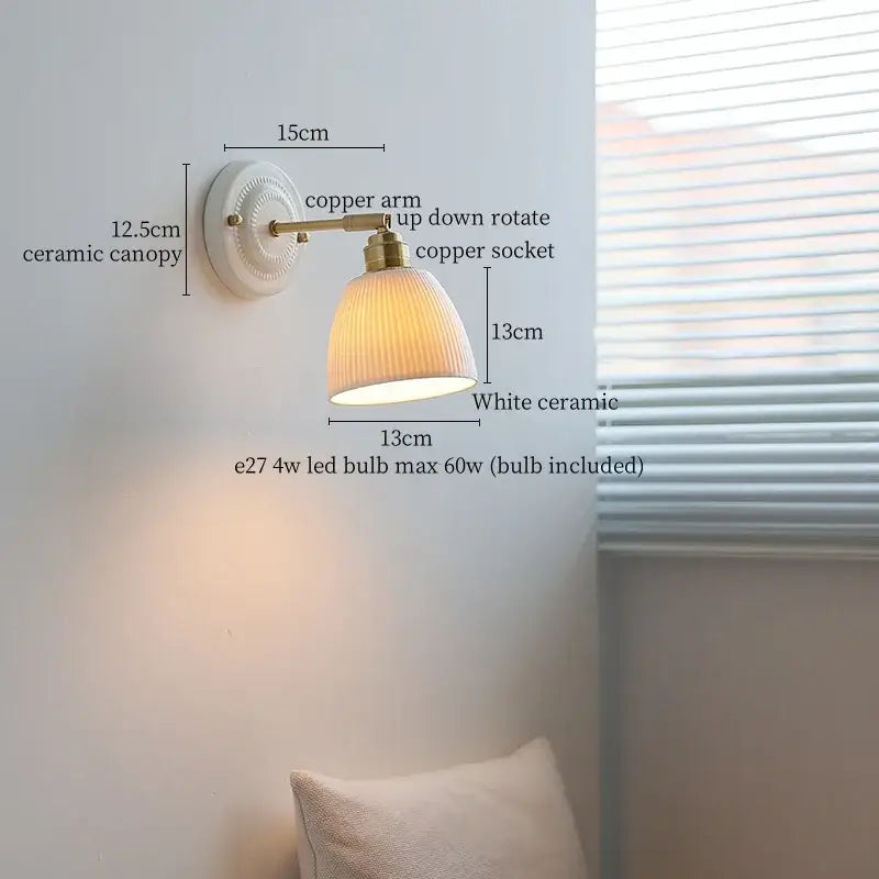 Vintage cream ribbed glass ceramic led wall lamp bedroom light