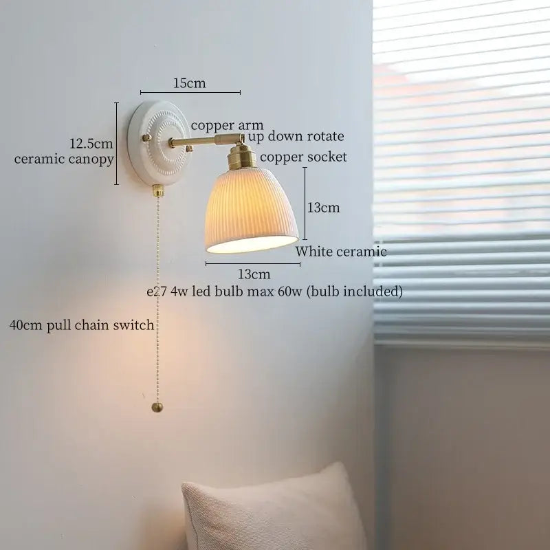 Vintage cream ribbed glass ceramic led wall lamp bedroom light