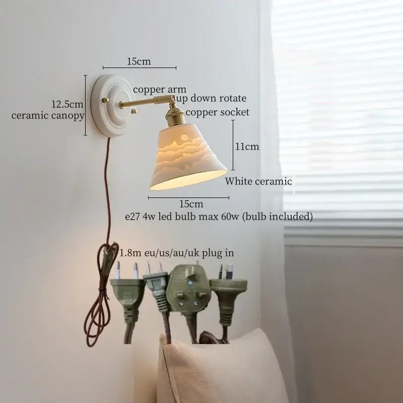 Vintage cream ribbed glass ceramic led wall lamp bedroom light