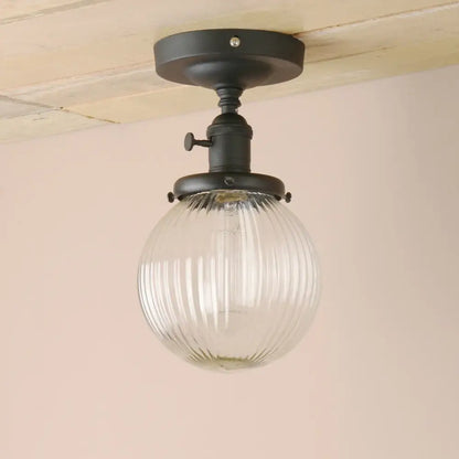 Vintage dark bronze ribbed glass globe semi flush mount ceiling light bedroom