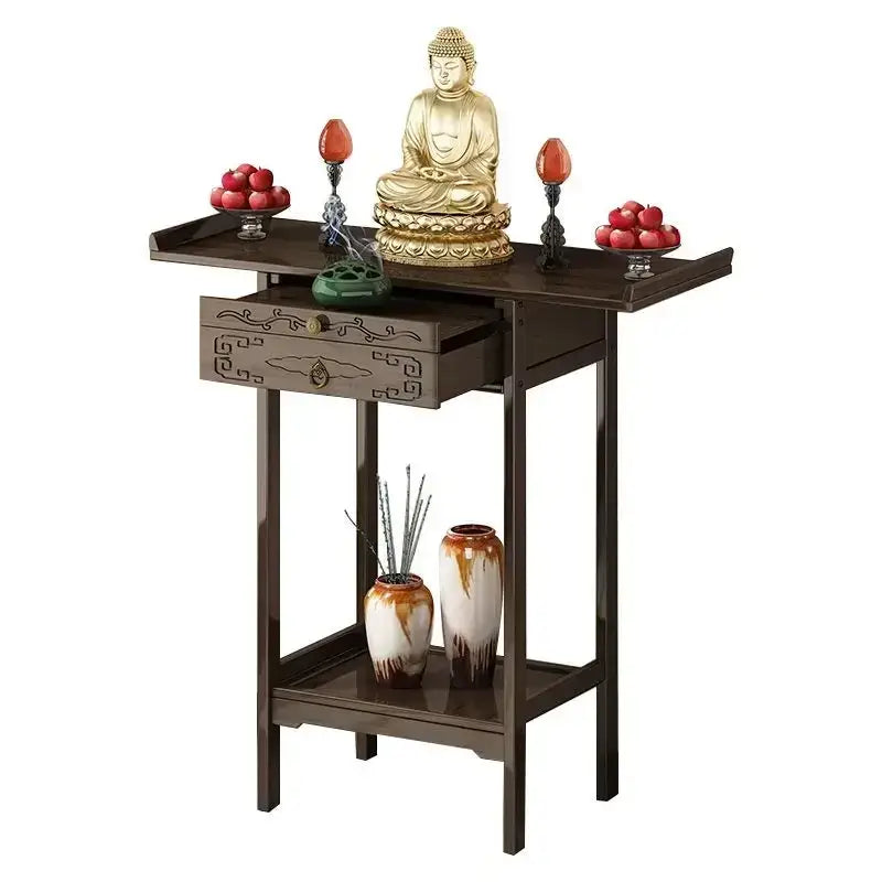 Vintage dark wood bamboo console table with drawer living room shelf