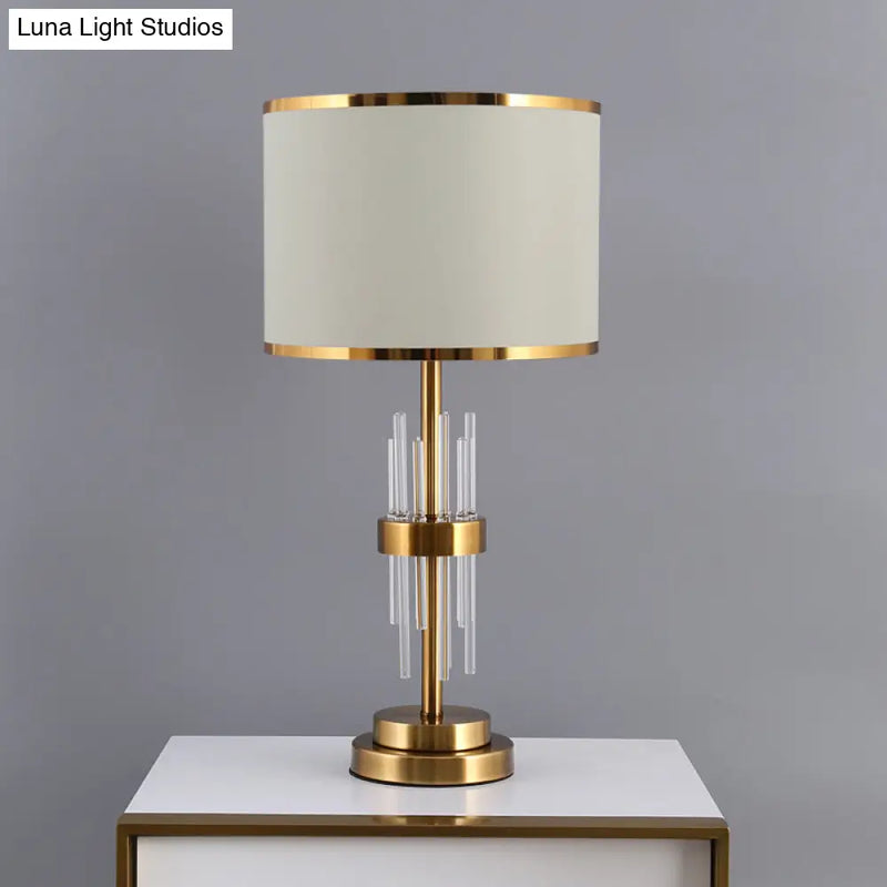 DecorBites™ Vintage Drum Fabric Nightstand Lamp - Single-Bulb Table Lighting for Study Room with Crystal Rod - White