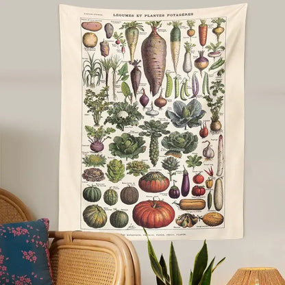 Vintage earth tone botanical plant chart tapestry kitchen wall art