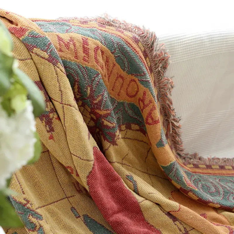 Vintage earth tone world map bohemian cotton plaid sofa blanket living room