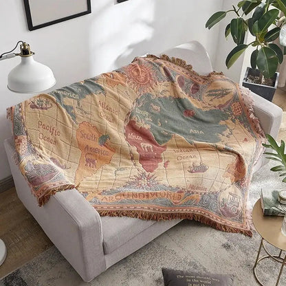 Vintage earth tone world map bohemian cotton plaid sofa blanket living room