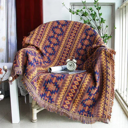 Vintage earth tone world map bohemian cotton plaid sofa blanket living room