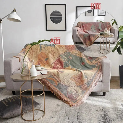 Vintage earth tone world map bohemian cotton plaid sofa blanket living room