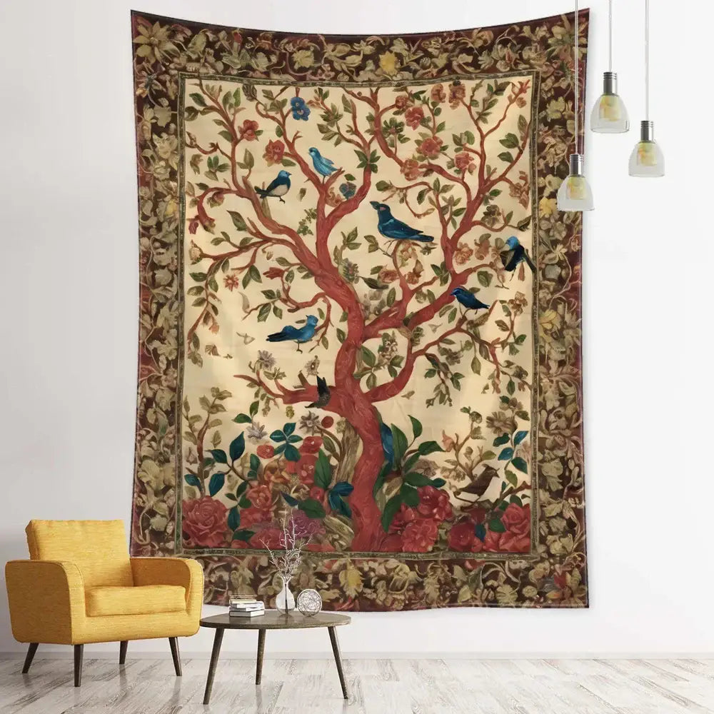 Vintage earthy flying bird tree tapestry bedroom wall hanging