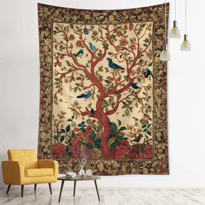 Vintage earthy flying bird tree tapestry bedroom wall hanging