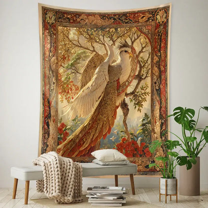 Vintage earthy flying bird tree tapestry bedroom wall hanging