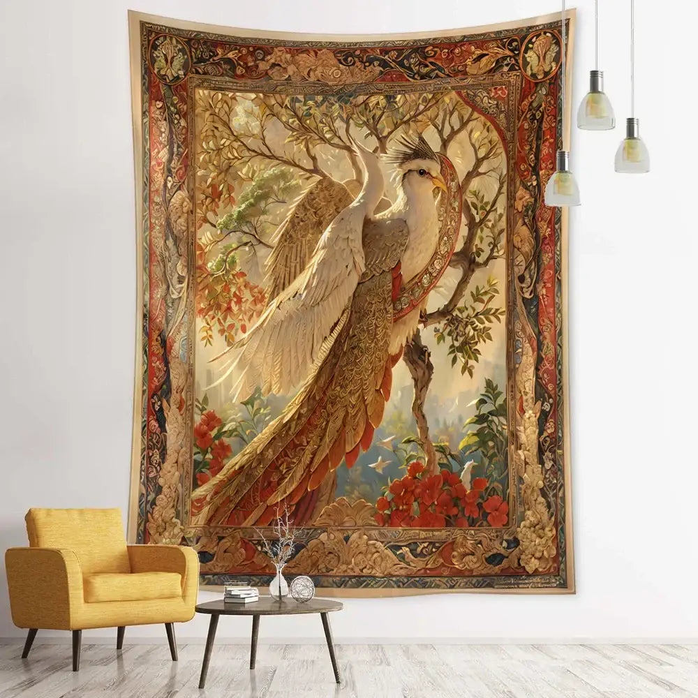 Vintage earthy flying bird tree tapestry bedroom wall hanging