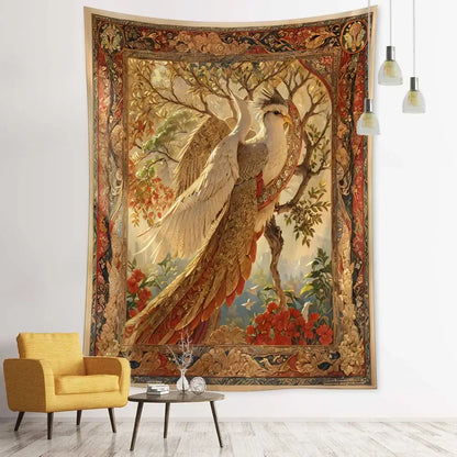 Vintage earthy flying bird tree tapestry bedroom wall hanging