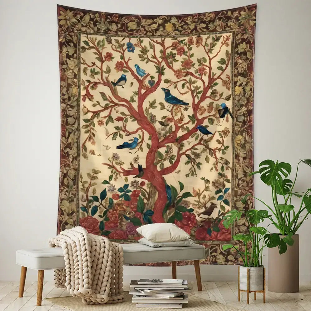 Vintage earthy flying bird tree tapestry bedroom wall hanging