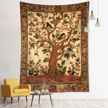 Vintage earthy flying bird tree tapestry bedroom wall hanging