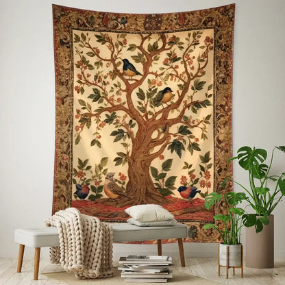 Vintage earthy flying bird tree tapestry bedroom wall hanging