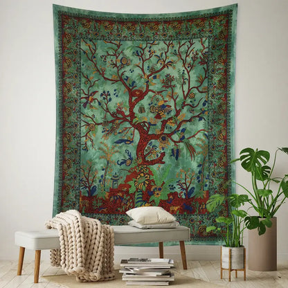 Vintage earthy flying bird tree tapestry bedroom wall hanging