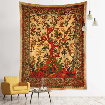 Vintage earthy flying bird tree tapestry bedroom wall hanging