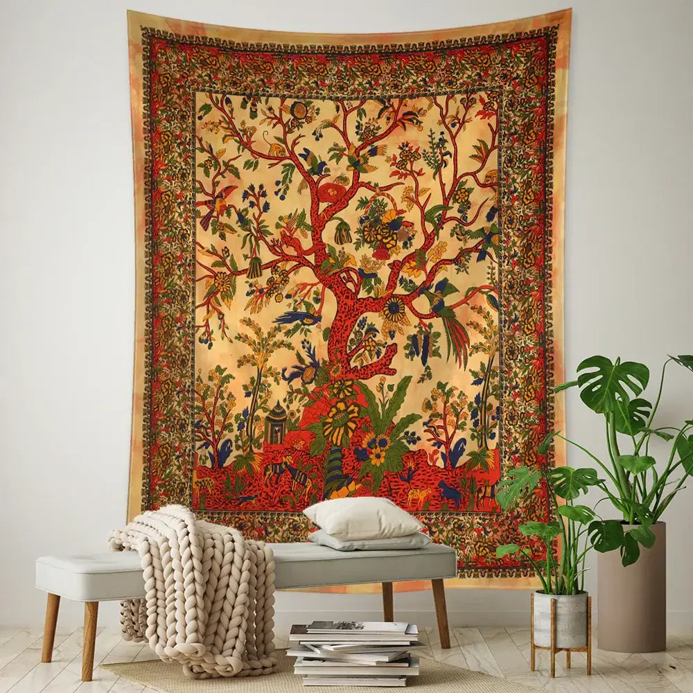 Vintage earthy flying bird tree tapestry bedroom wall hanging