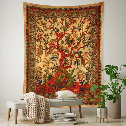 Vintage earthy flying bird tree tapestry bedroom wall hanging