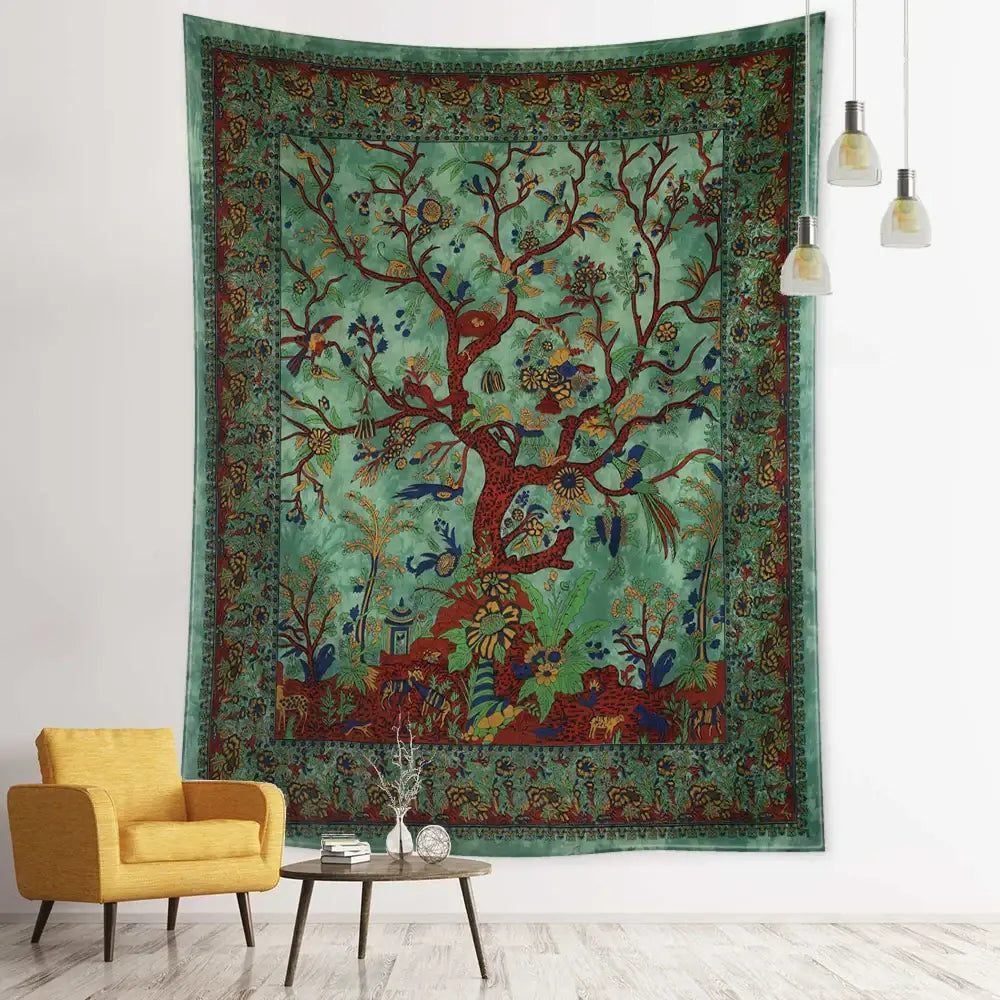 Vintage earthy flying bird tree tapestry bedroom wall hanging
