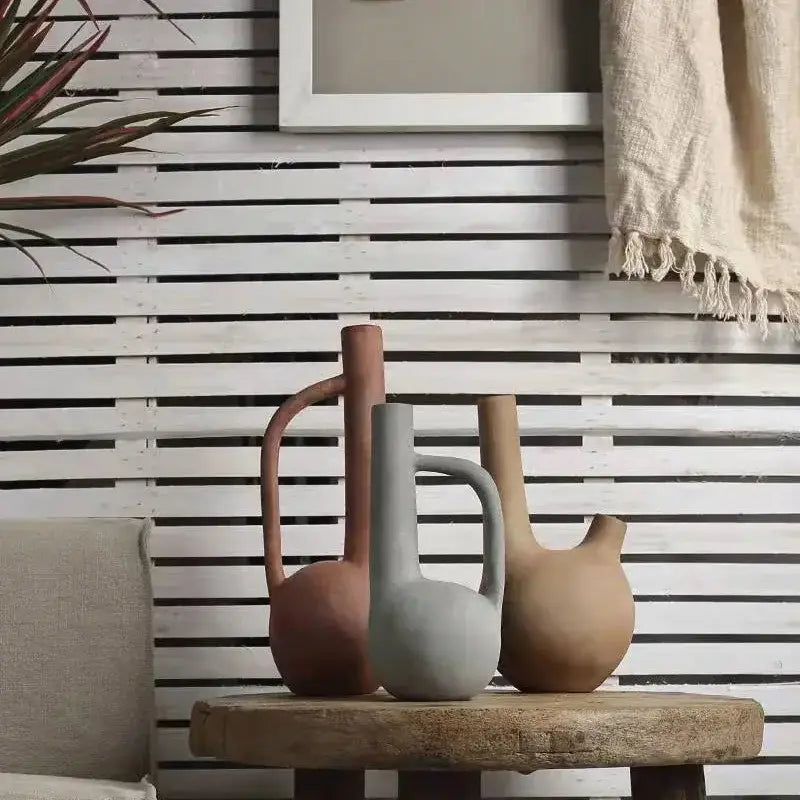 Vintage earthy geometric stoneware vase set living room decor