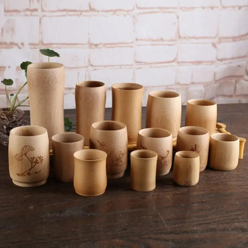 Vintage engraved bamboo drinking cup set dining room tea drinkware