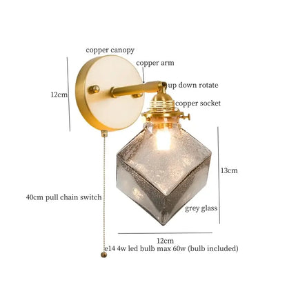 Vintage etched grey glass led wall lamp bedroom brass sconce