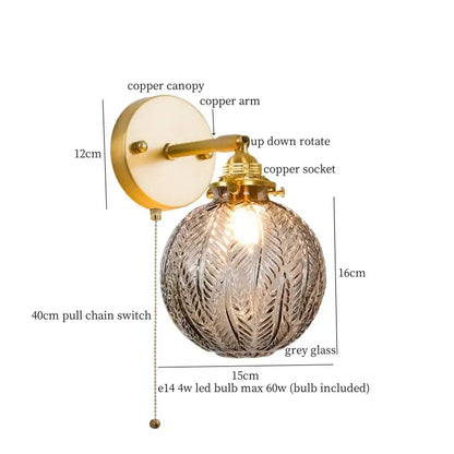 Vintage etched grey glass led wall lamp bedroom brass sconce