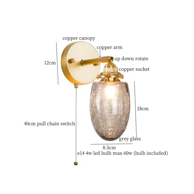 Vintage etched grey glass led wall lamp bedroom brass sconce
