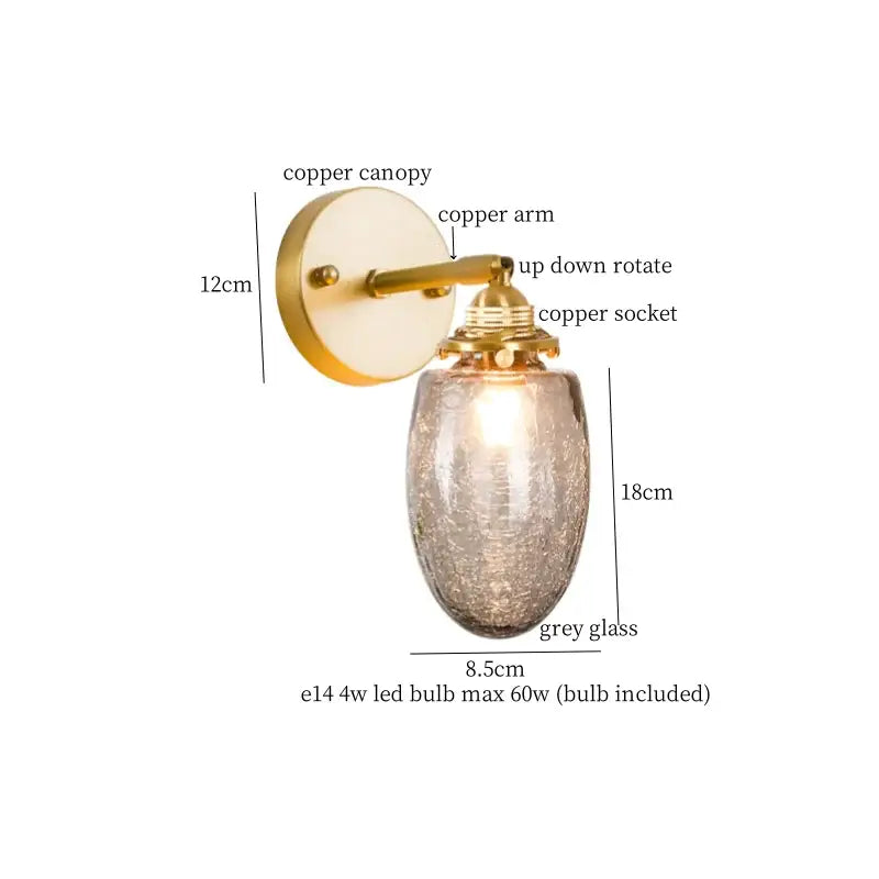 Vintage etched grey glass led wall lamp bedroom brass sconce