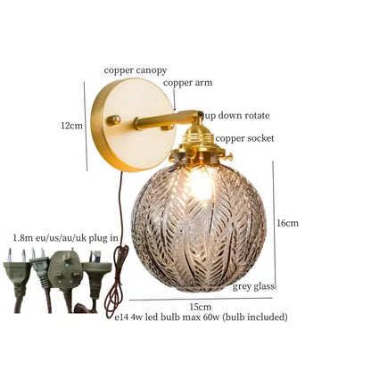 Vintage etched grey glass led wall lamp bedroom brass sconce