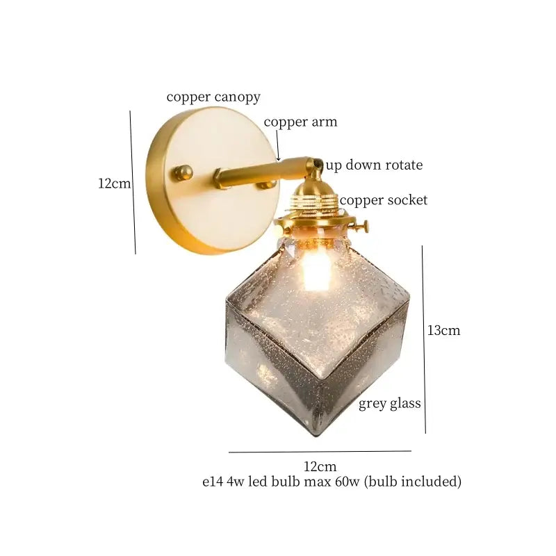 Vintage etched grey glass led wall lamp bedroom brass sconce
