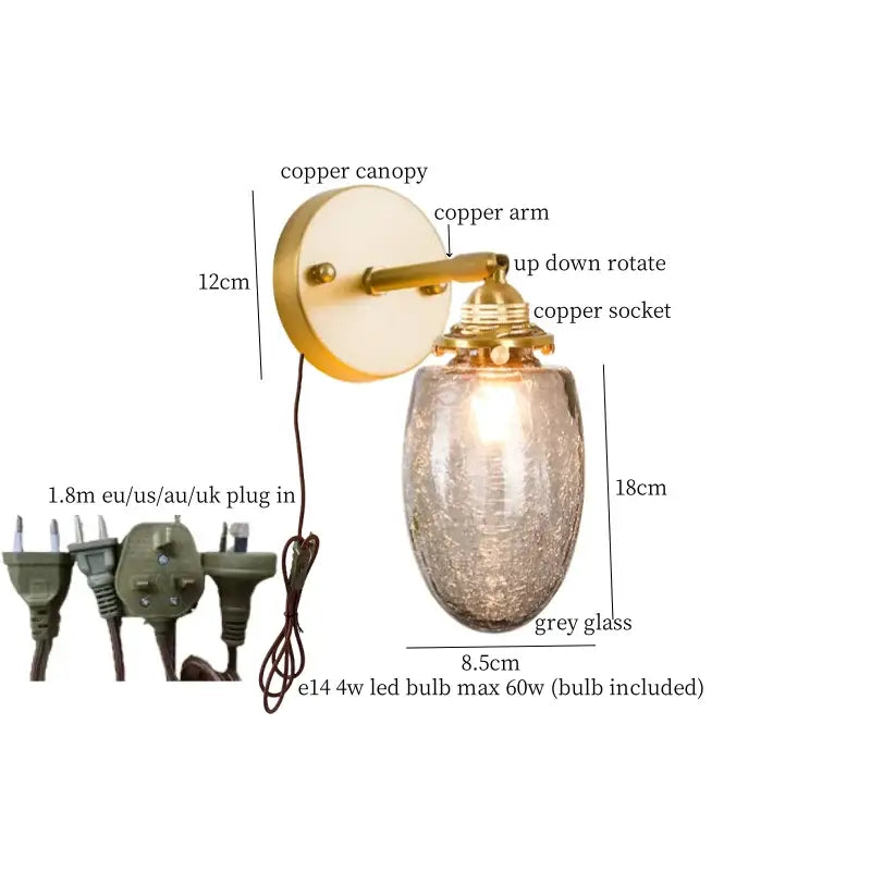 Vintage etched grey glass led wall lamp bedroom brass sconce