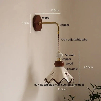 Vintage floral ceramic led wall light bedroom wood pull chain