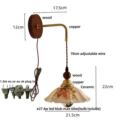 Vintage floral ceramic led wall light bedroom wood pull chain