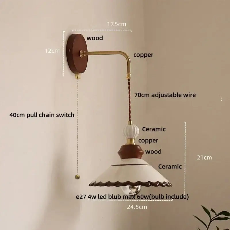 Vintage floral ceramic led wall light bedroom wood pull chain