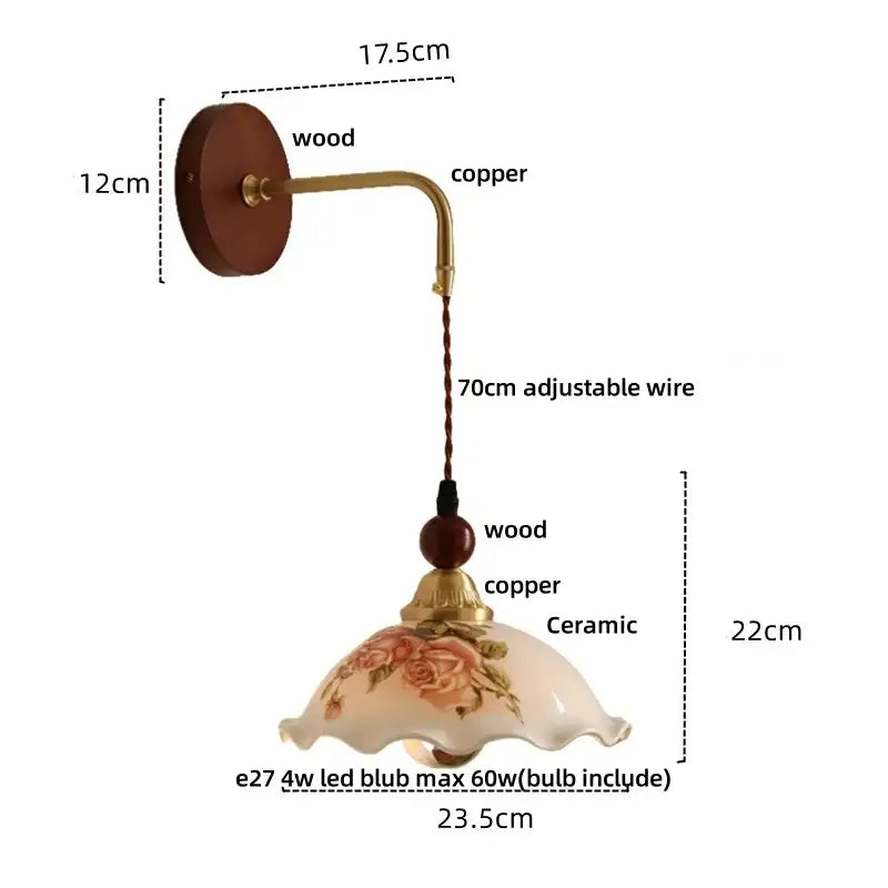 Vintage floral ceramic led wall light bedroom wood pull chain