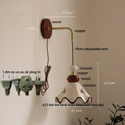 Vintage floral ceramic led wall light bedroom wood pull chain