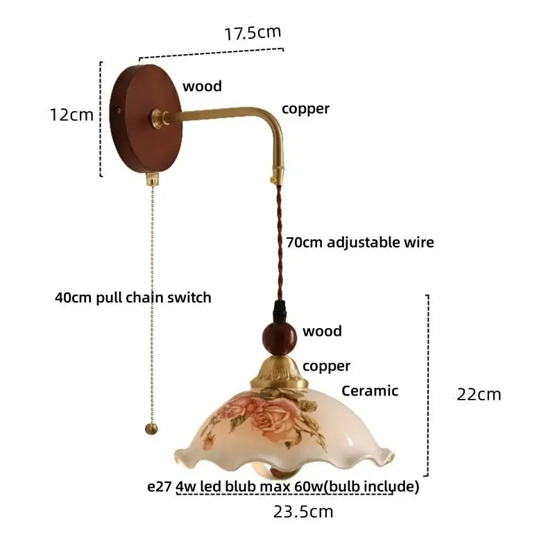 Vintage floral ceramic led wall light bedroom wood pull chain