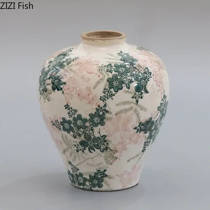 Vintage floral cracked texture blue & white porcelain vase living room