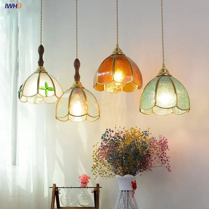 Vintage floral glass pendant lamp kitchen copper wire glass light
