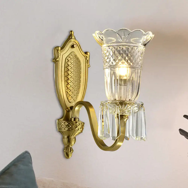 Vintage floral gold wall light bedroom crystal prism lamp