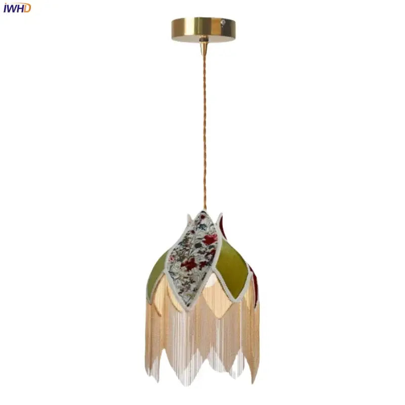 Vintage floral stained glass colorful tassel led pendant lamp bedroom