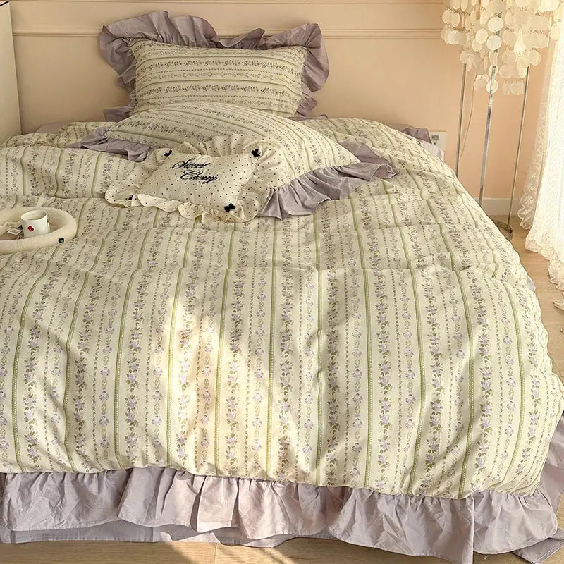 Vintage french floral cotton bedding set lavender bedroom ruffles