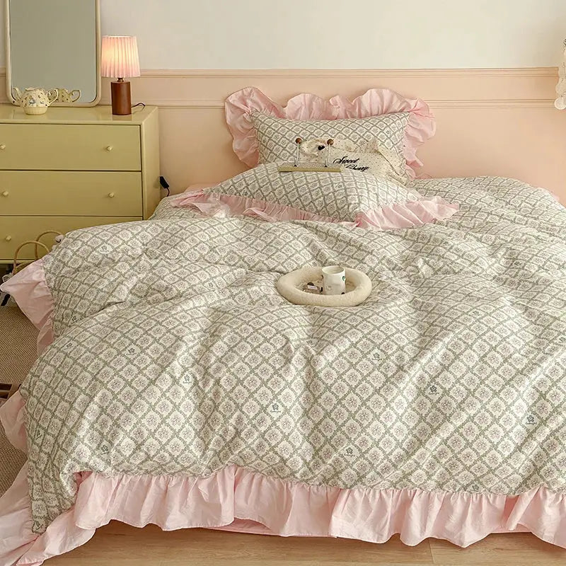 Vintage french floral cotton bedding set lavender bedroom ruffles
