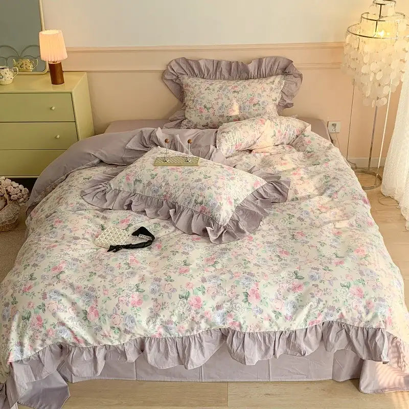 Vintage french floral cotton bedding set lavender bedroom ruffles