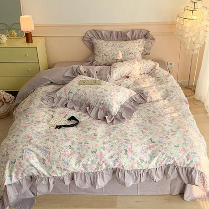 Vintage french floral cotton bedding set lavender bedroom ruffles