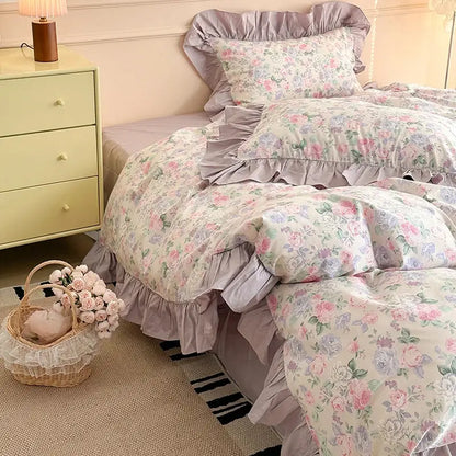 Vintage french floral cotton bedding set lavender bedroom ruffles