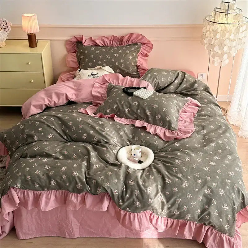 Vintage french floral cotton bedding set lavender bedroom ruffles