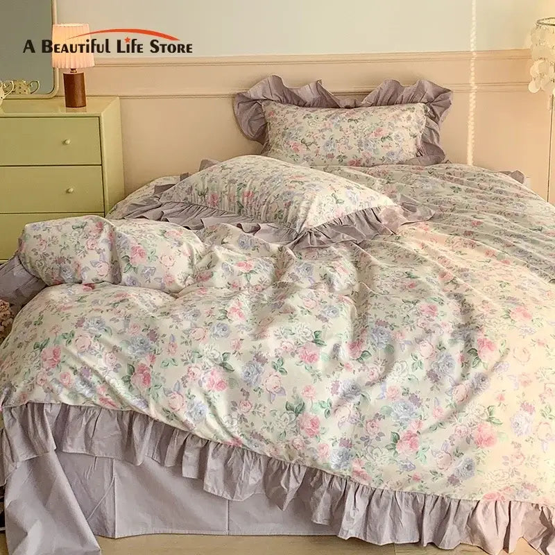 Vintage french floral cotton bedding set lavender bedroom ruffles
